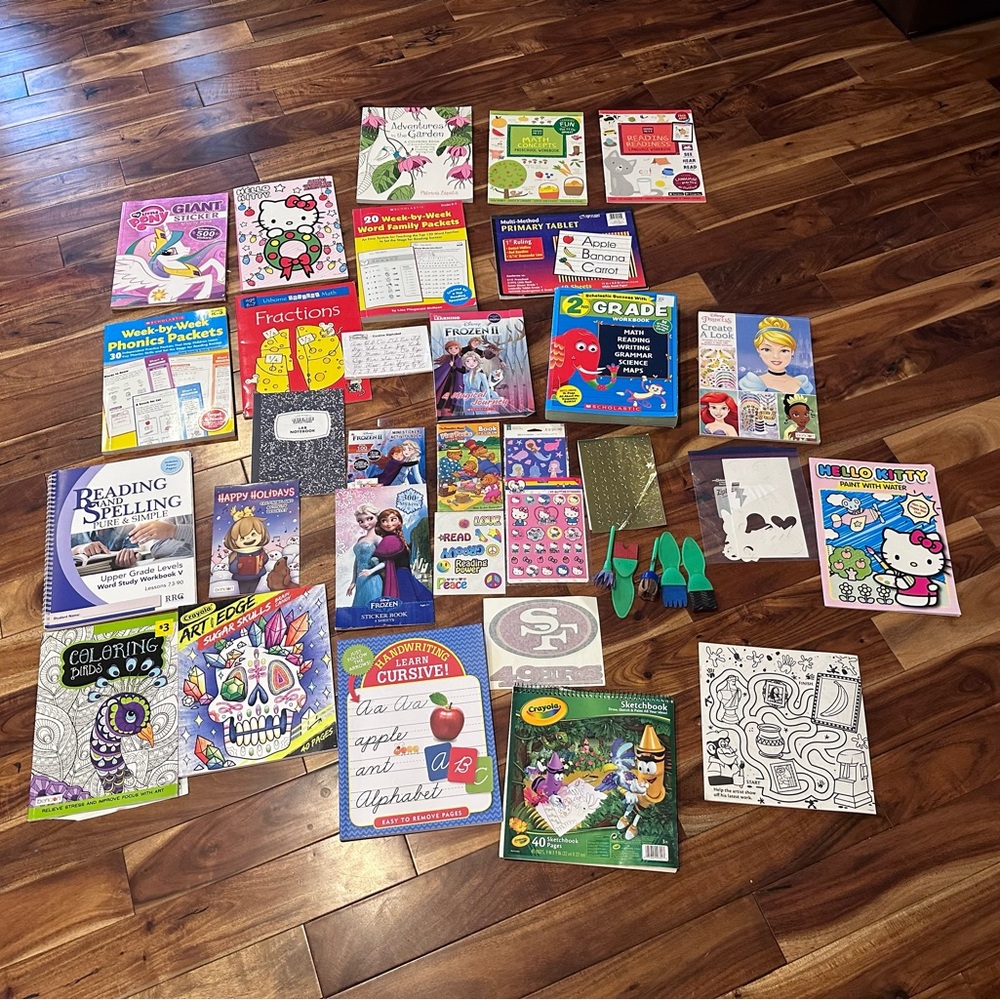 Lot of 35 coloring books, educational materials, stickers, handwriting, etc